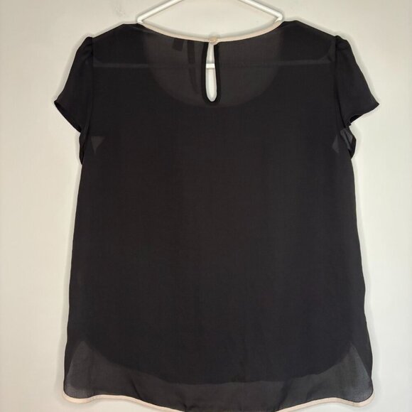 LAUREN CONRAD Lace Blouse Medium Black Cream Cap Sleeve Keyhole - Picture 3 of 5